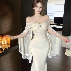 批发实拍江南美人绝美高级感温柔纯欲性感飘带连肩袖设计感礼服显瘦裙