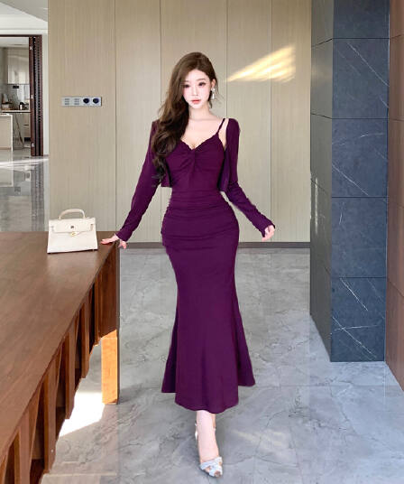 실사 섹시함 핫걸 바람 주름 장식 허리 수축 슬립 여성 드레스 여름 몸매 가꾸기 슬림해 보이는 긴팔 오픈 가디건 투피스 세트