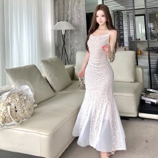 批发实拍重工亮片网纱吊带连衣裙女晚礼服鱼尾<b class='q'>包臀</b>裙