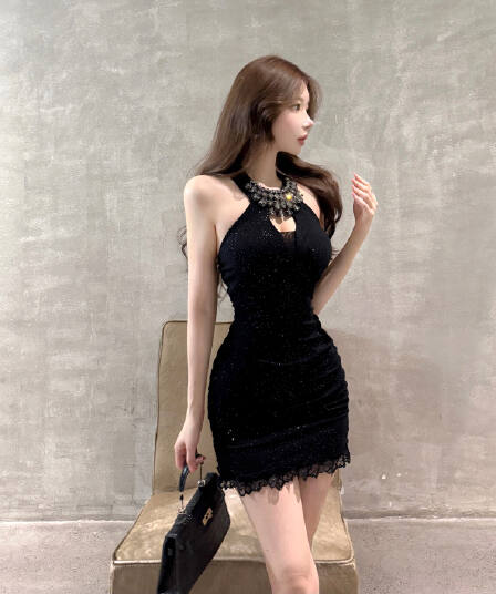 실사 여름 비싼 가스 센스 천 골드 다이아몬드 세팅 슬립 드레스 섹시함 행침 목 타이트 스커트 생일 연회 외국 가스 미니 스커트