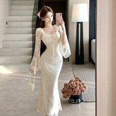 批发实拍法式御姐风蕾丝喇叭袖显白连衣<b class='q'>裙</b>女高级感气质超仙女<b class='q'>礼服</b>长<b class='q'>裙</b>