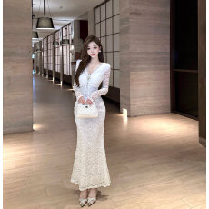 批发实拍赫小木香风时尚气质v领连衣裙收腰显瘦打底鱼尾裙高级感长裙