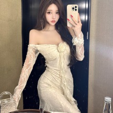 批发实拍法式温柔超仙立体花朵飘带长袖<b class='q'>礼服</b>连衣<b class='q'>裙</b>纯欲蕾丝收腰鱼尾<b class='q'>裙</b>