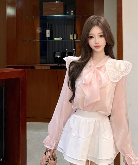 실사 달콤함 프랑스식 작은 대중 베이비 칼라 광택 여성 셔츠 고급 센스 거품 소매 디자인 센스 궁정 바람 맨위