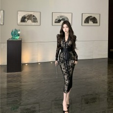 批发实拍2026春季新款巨巨巨巨显瘦定制款修身显瘦植绒蕾丝长款<b class='q'>连衣裙</b>