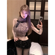 批发实价实拍 欲野狐狸设计感小众蝴蝶结毛毛<b class='q'>吊带</b>背心女外穿毛绒上衣