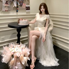 批发实拍车迟恩Chien梦境乌托邦可脱卸长/短网纱裙 两穿式蕾丝连衣裙