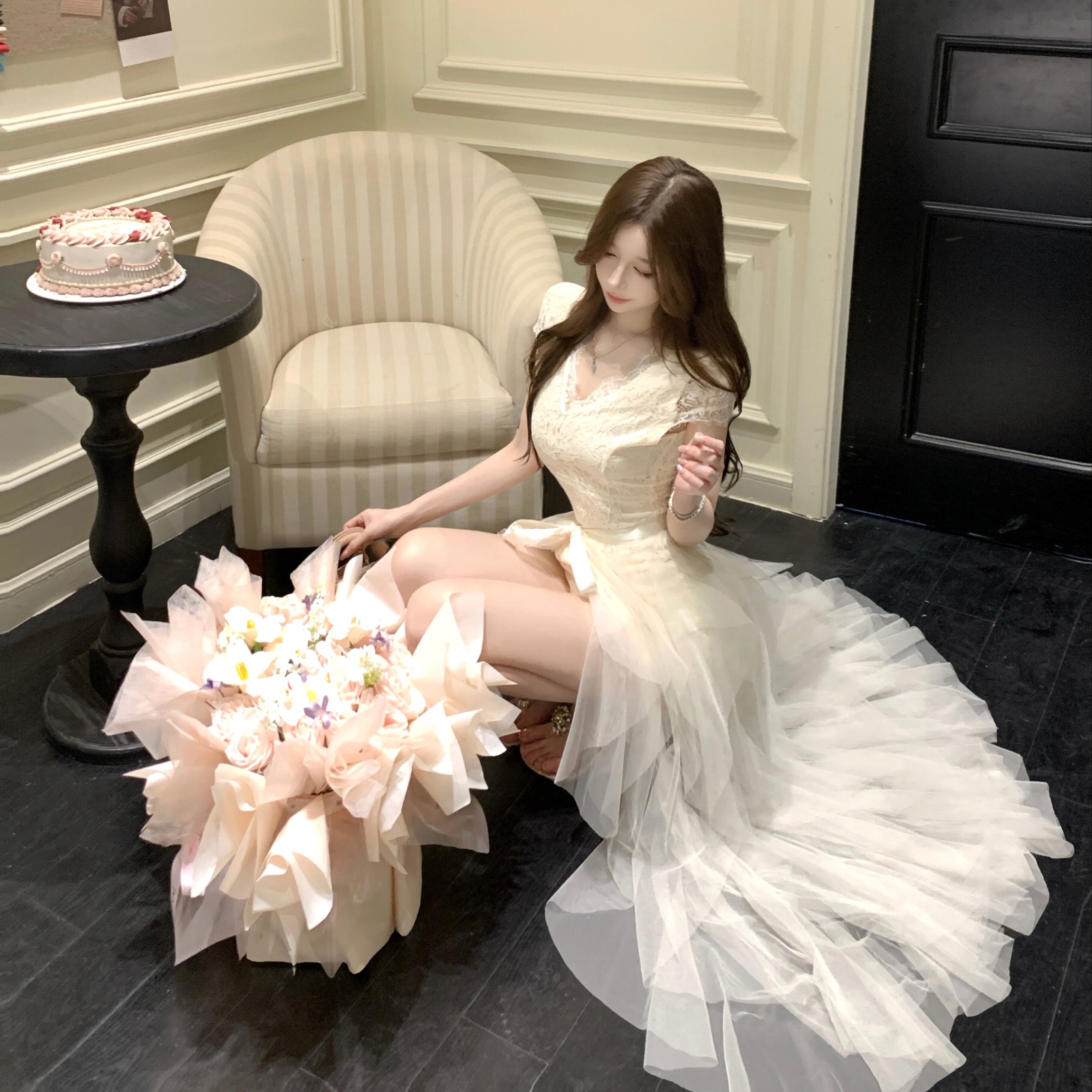 실사 자동차 늦게 En chien 꿈 나라 유토피아 수 있습니다. 언 로딩 길다 짧은 그물 거즈 스커트 둘 착용 스타일 레이스 드레스