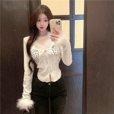 批发实拍名媛贵气感毛毛拼接镶钻长袖秋冬新款设计感修身洋气短款衣