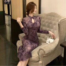 批发实拍新中式复古改良版少女<b class='q'>旗袍</b>女晕染碎花镂空修身鱼尾连衣长裙