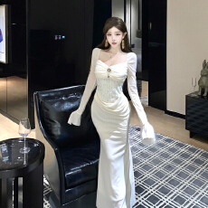 批发实拍2026春季新款蕾丝拼接灯笼袖高级感气质收腰宴会<b class='q'>礼服</b>生日长<b class='q'>裙</b>