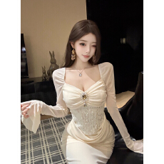 批发实拍2026春季新款蕾丝拼接灯笼袖高级感<b class='q'>气质</b>收腰宴会礼服生日长裙