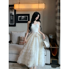 批发实拍2026新款韩版时尚气质千金掐腰显瘦<b class='q'>连衣裙</b>系带温柔<b class='q'>网纱</b>大摆裙