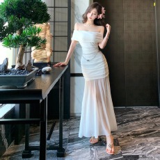 批发实拍法式千金网纱一字肩抹胸<b class='q'>连衣裙</b>夏高级感气质名媛显瘦网纱裙