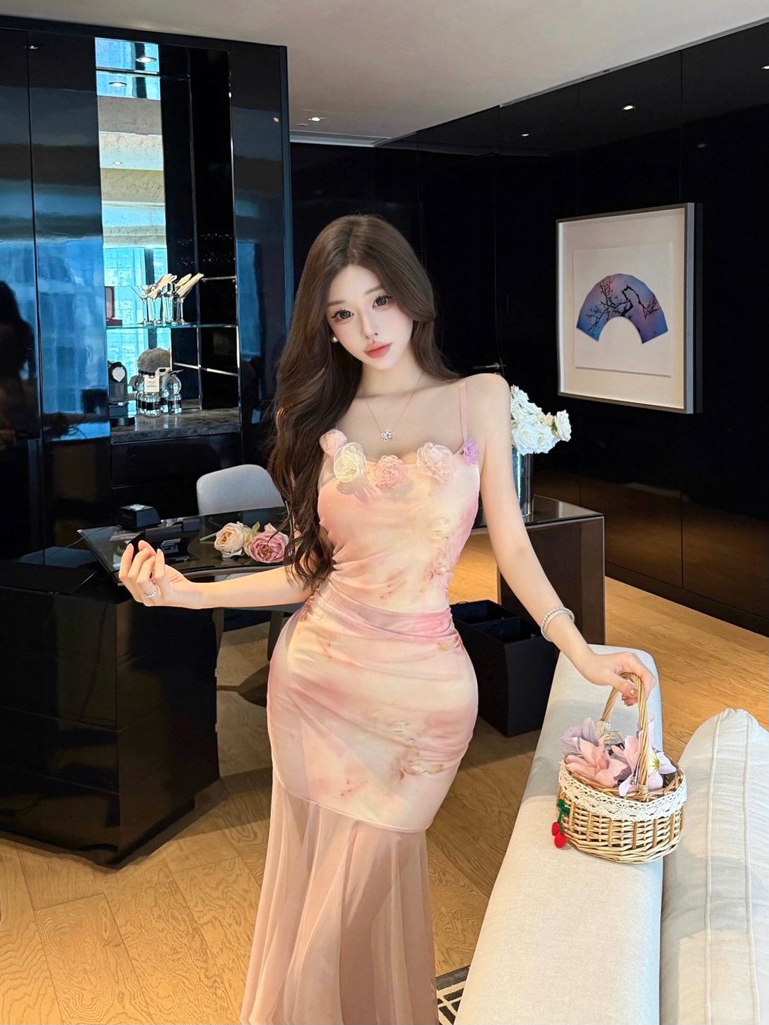 실사 프랑스식 작은 대중 아름다운 꽃무늬 드레스 도루 가을 센스 품격 망사 중간 길이 치마 여름 새로운 여성 의류