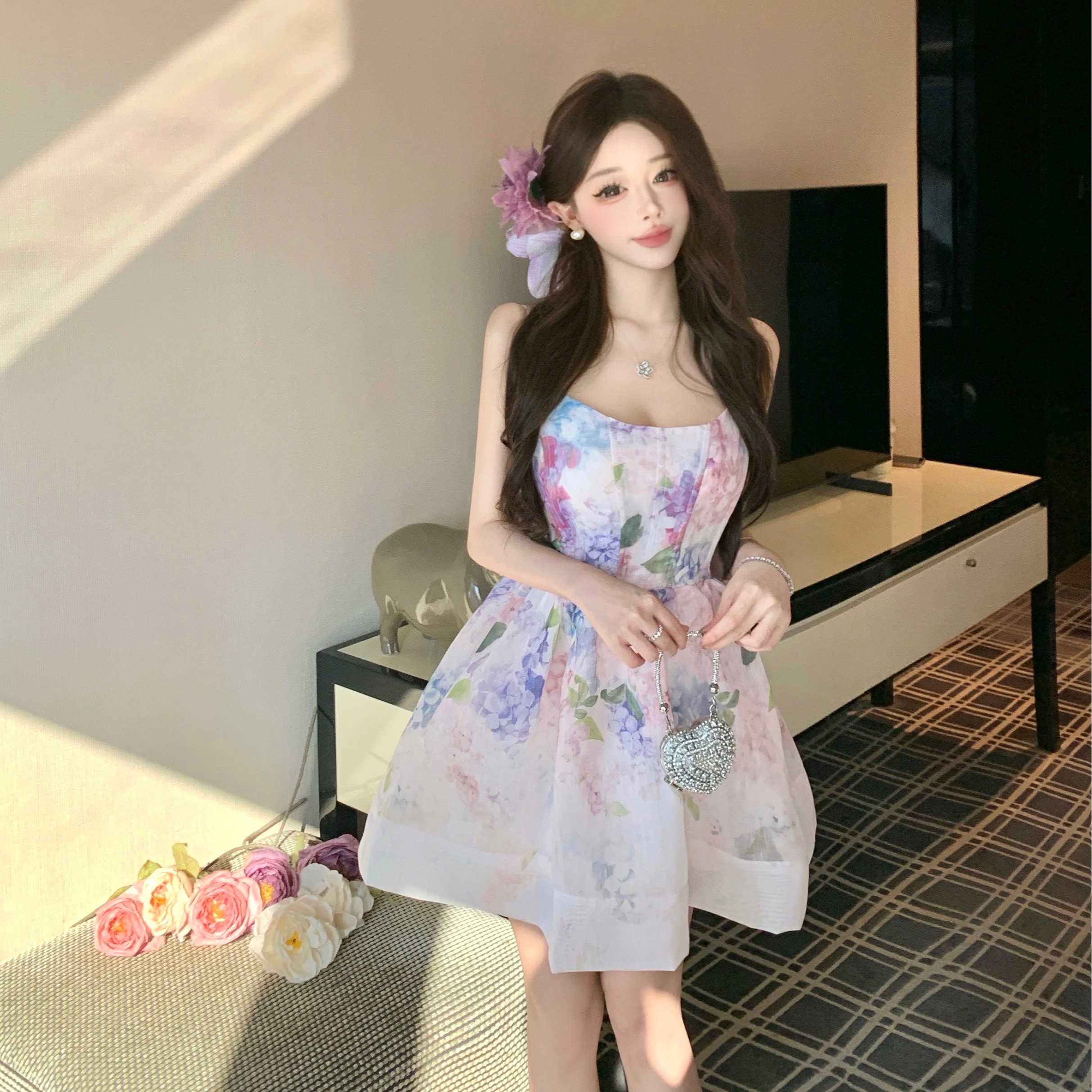 실사 사랑 여름 3 차원 자르기 대 나비 매듭 u 칼라 섹시함 프린트 달콤함 몸매 가꾸기 슬림해 보이는 외국 가스 미니 스커트