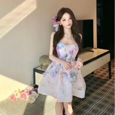 批发实拍恋恋夏日立体裁剪大蝴蝶结U领性感印花甜美修身显瘦洋气短裙