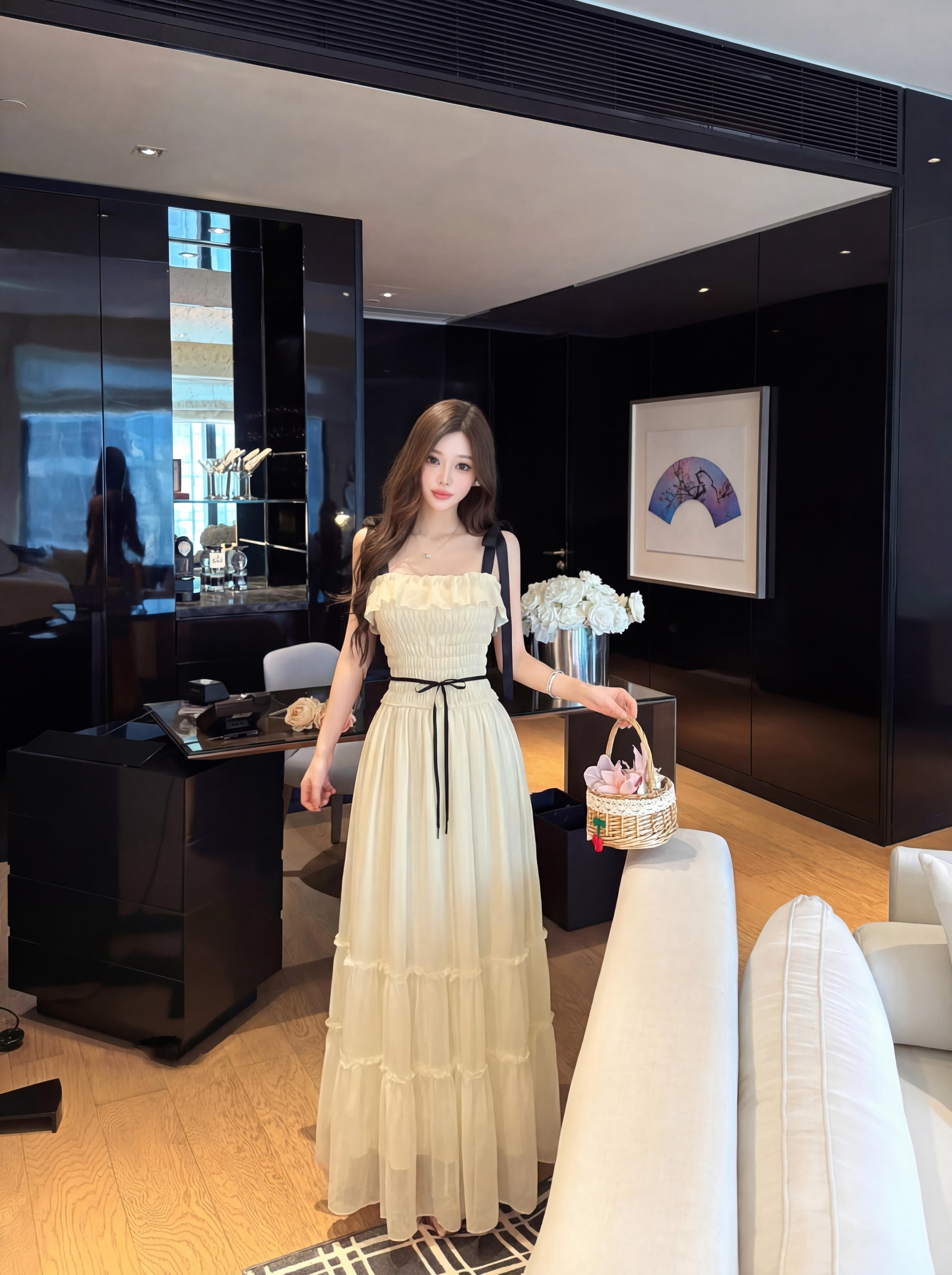 实拍2026夏季甜美风粉茶色蝴蝶结优雅气质甜辣妹穿搭浪漫收腰长裙