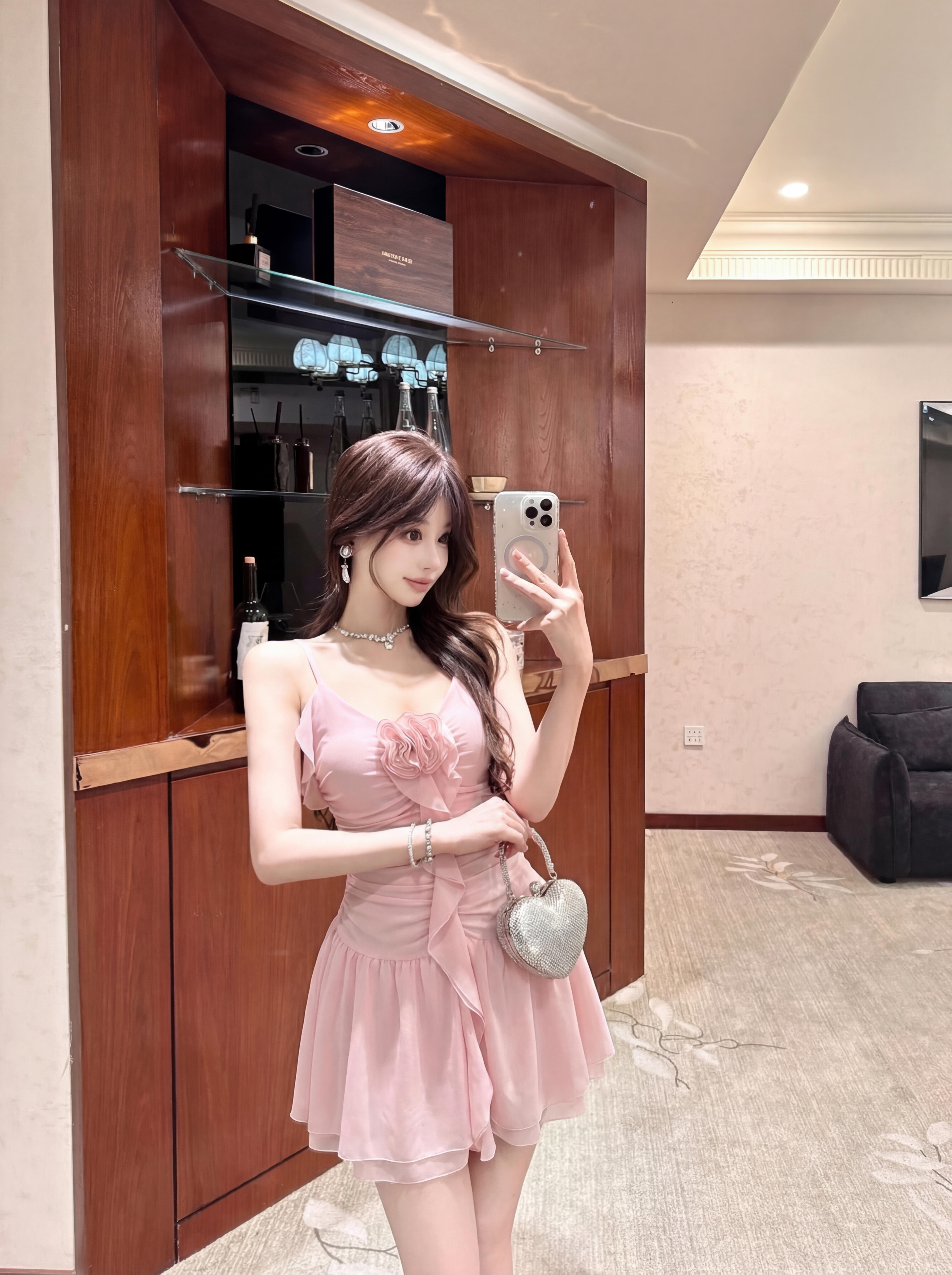 실사 순수한 부드러운 바람 장미 꽃 행침 목 드레스 여름 프랑스식 슈퍼 요정 리본 주름 장식 프릴 미니 스커트