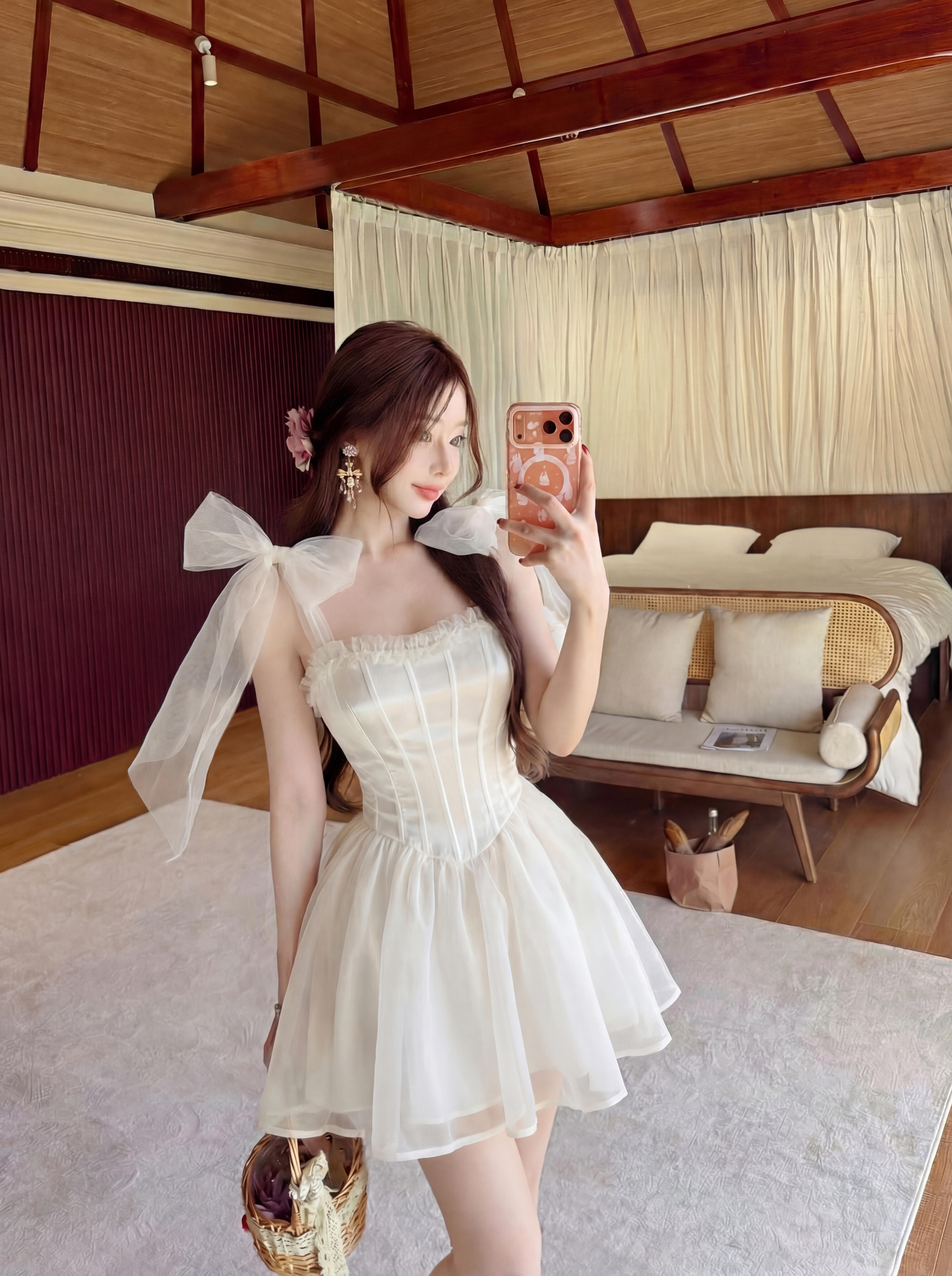 실사 달콤한 매운맛 공주 예복 순수한 욕망 발레 바람 한 마디 퍼프 미니 스커트 오프숄더 슬립 허리 수축 여성 드레스