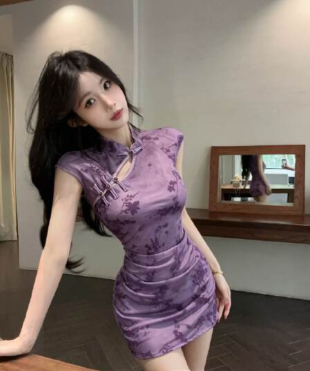 실사 보라색 디자인 센스 섹시함 바람 새로운 중식 향상된 버전 치파오 여성 드레스 품격 아름다운 타이트 스커트 미니 스커트