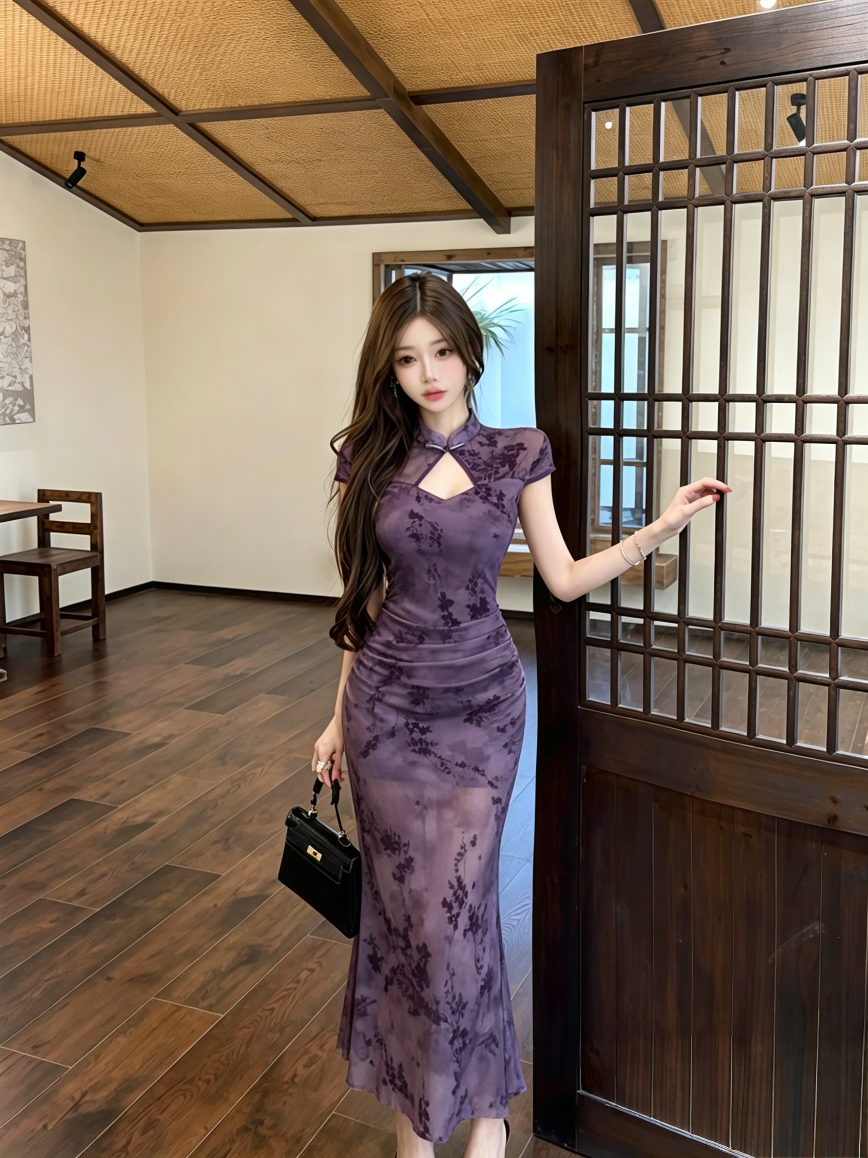 실사 국풍 새로운 중식 보라색 홀로우 아웃 꽃무늬 향상된 버전 치파오 드레스 관대 한 점잖은 아름다운 자이언트 잘 생긴 롱 스커트