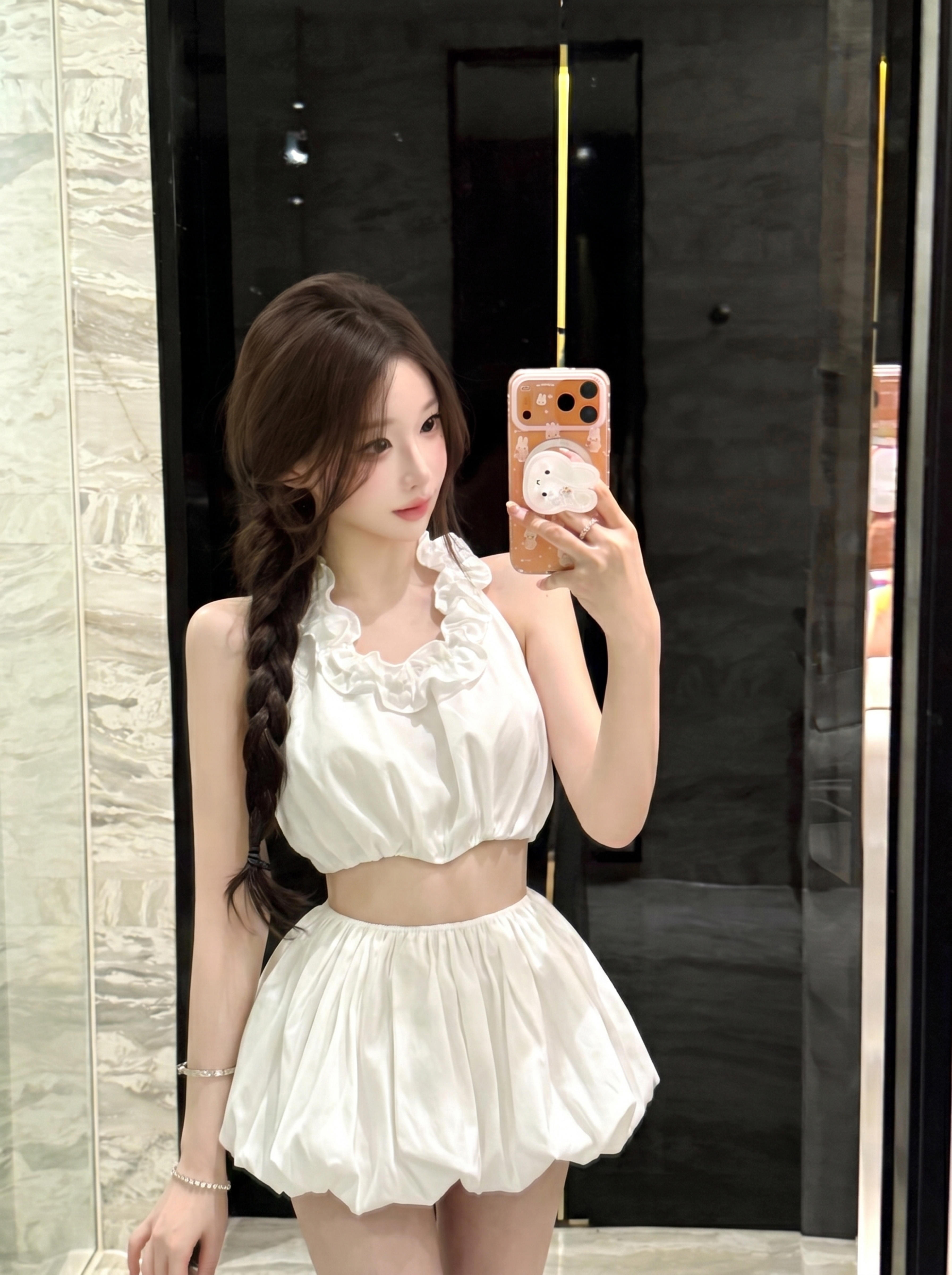 실사 여름 일본과 한국 부서 ootd 착용 가져 가라. 품격 캐주얼 연령 감소 행침 목 의류 꽃밭 공주 반 스커트 튀김 거리 착용 가져 가라.