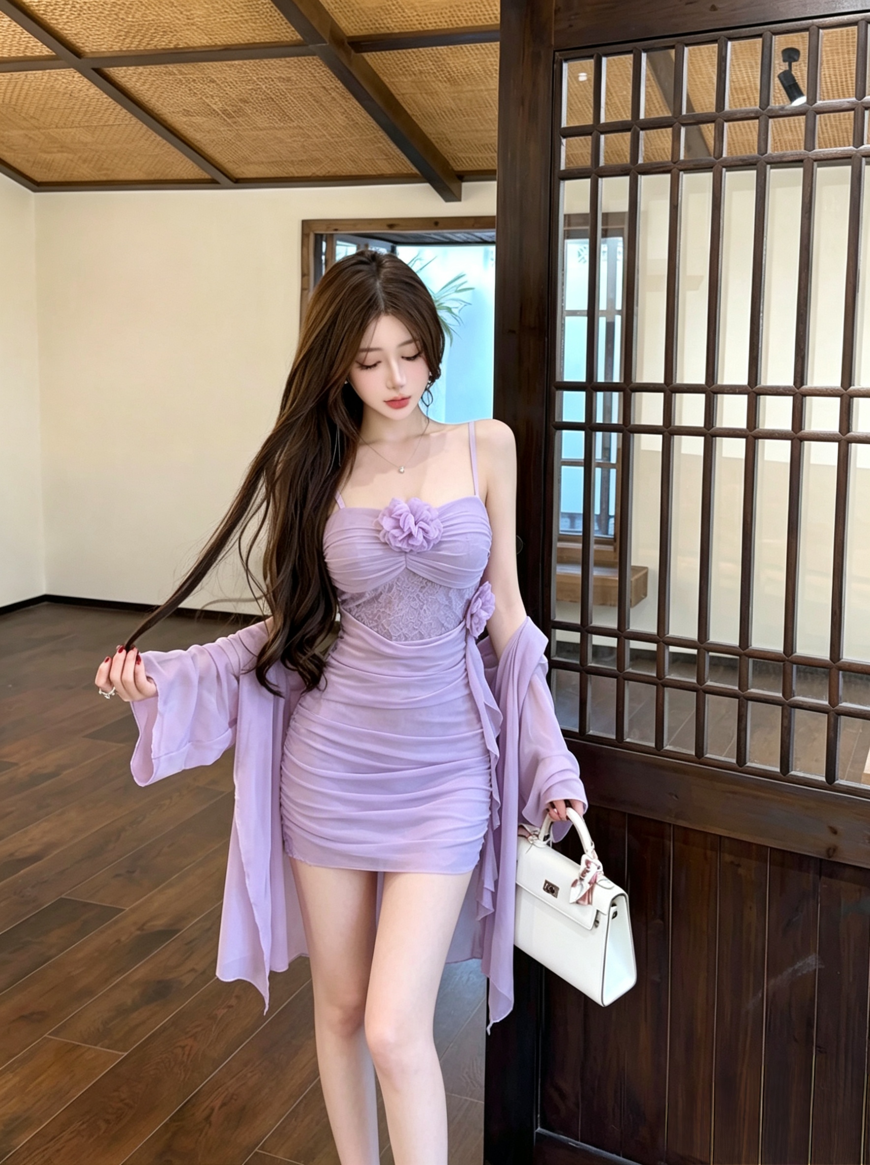 실사 부드러운 순수한 욕망 품격 아름다운 섹시함 핫걸 망사 슬립 드레스 자외선 차단 오픈 가디건 투피스 슈트
