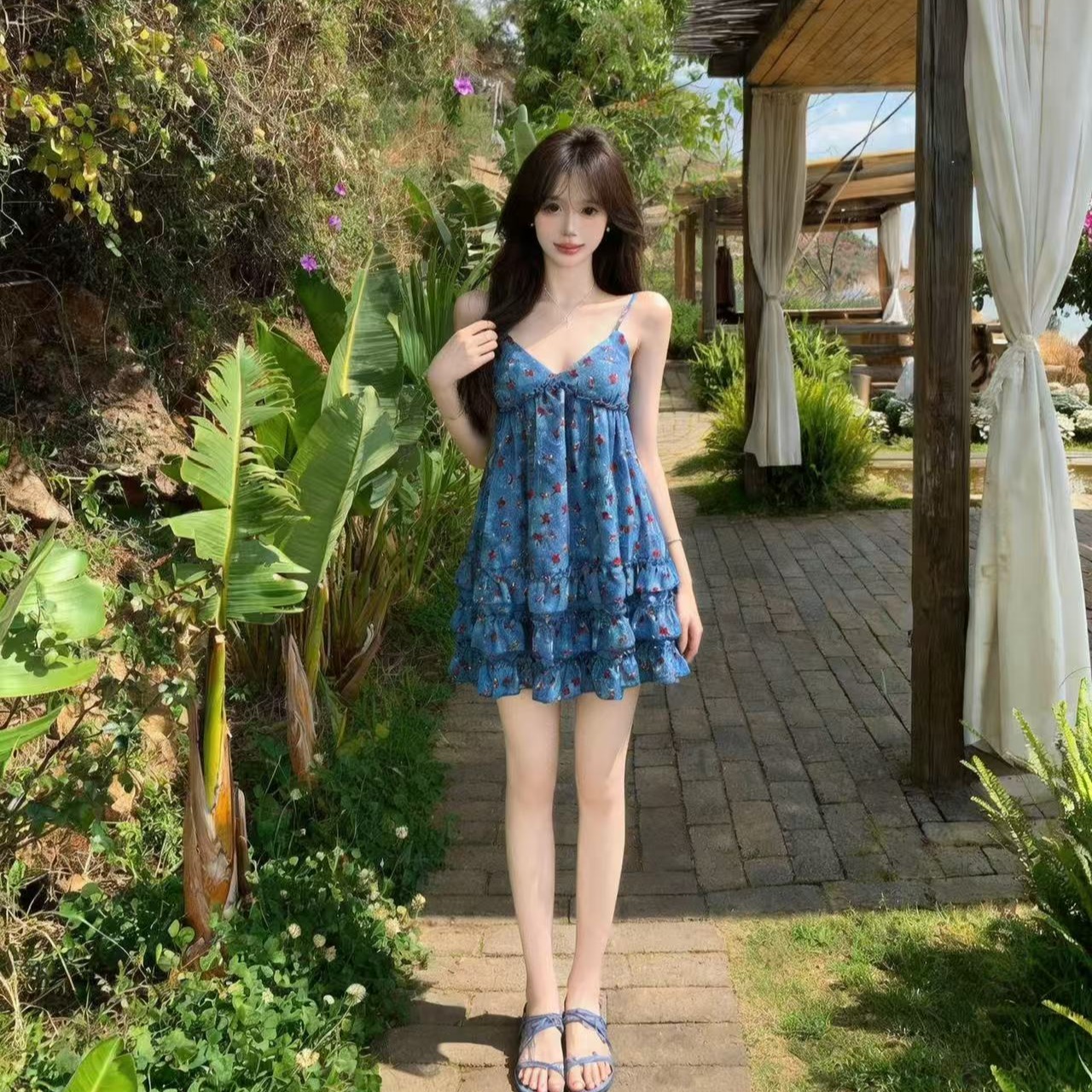 실사 부드러운 달콤한 차가운 휴가 낭만주의 아름다운 꽃무늬 슬립 드레스 연령 감소 다용도 표지 고기 꽃잎 치마