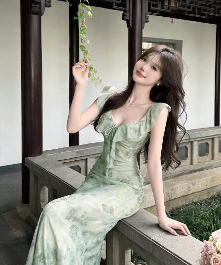 실사 프랑스식 차 휴식 녹색 프릴 꽃무늬 여성 드레스 초여름 고유 한 아름다운 자이언트 잘 생긴 몸매 가꾸기 롱 스커트