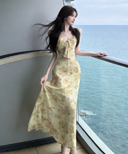 실사 달콤함 작은 청신 프랑스식 고급 센스 크림 황색 프릴 프린트 여성 드레스 휴가 바람 길다 치마