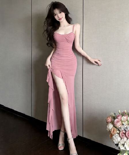실사 프랑스식 섹시함 프릴 트임 슬립 드레스 명문 여성 품격 백리스 작은 키 디스플레이 높음 롱 스커트