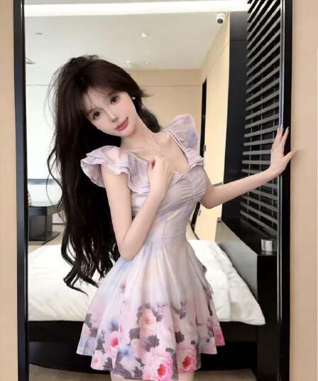 실사 프랑스식 부드러운 바람 오프숄더 꽃무늬 드레스 여름 새로운 퍼프 스커트 작은 키 달콤함 공주 드레스