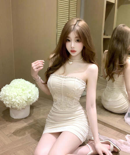 실사 디자인 센스 패치워크 꽃 민소매 튜브탑 치마 여성 여름 순수한 욕망 허리 수축 생일 벨트 가슴 패드 타이트 스커트 미니 스커트