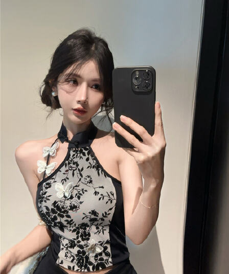 실사 새로운 중식 국풍 핫걸 섹시함 행침 목 튜브탑 치파오 아름다운 캐미솔 하이웨이스트 케이크 반 스커트