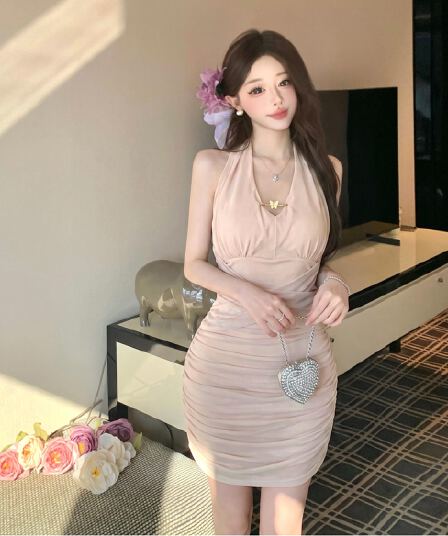 실사 순수한 욕망 바람 핫걸 백리스 행침 목 드레스 섹시함 로얄 자매 타이트 주름 장식 디스플레이 몸 타이트 스커트 미니 스커트