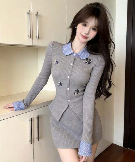 실사 몸매 가꾸기 슬림해 보이는 디자인 센스 한 부서 학원 스타일 달콤함 패치워크 셔츠 의류 반신 미니 스커트 패션 세트