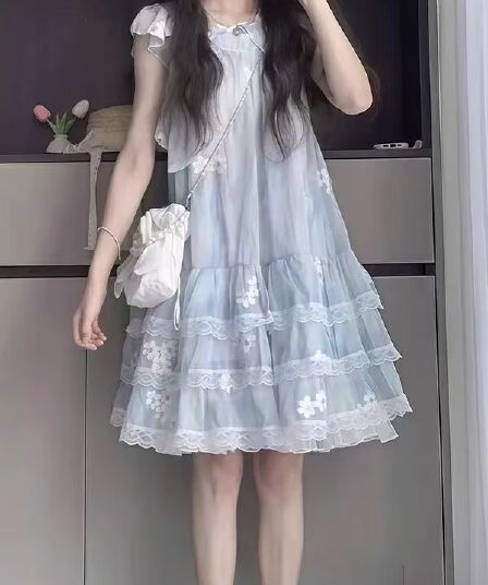 프랑스식 달콤함 학원 스타일 파란색 꽃무늬 Feifei 소매 요정 케이크 드레스