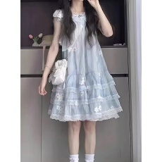 批发法式甜美学院风蓝色碎花飞飞袖仙女蛋糕裙