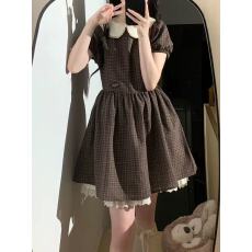 批发学院风复古娃娃领千金风格子短袖收腰显瘦<b class='q'>连衣裙</b>