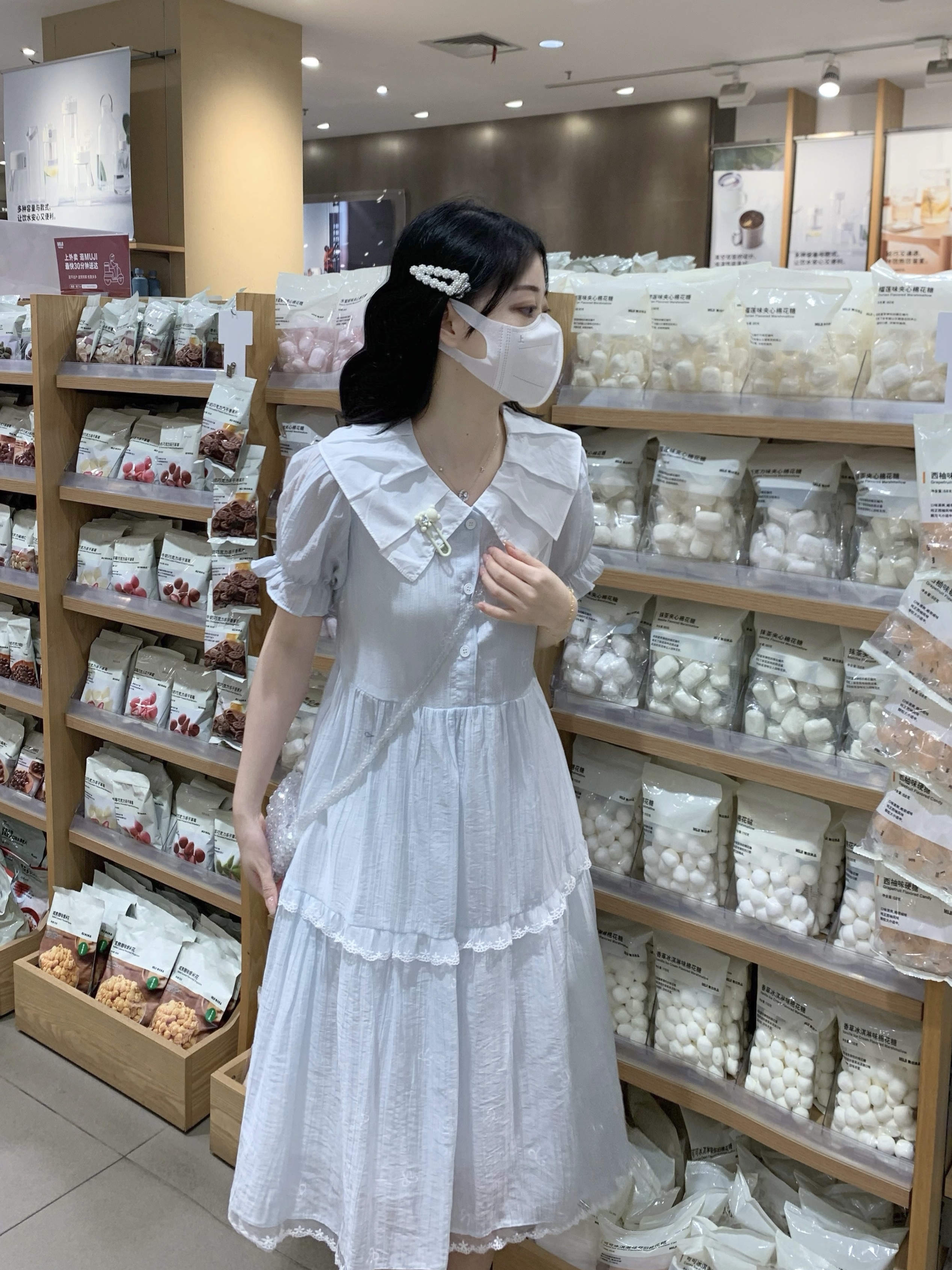 실사 여름 학원 스타일 작은 청신 레이스 베이비 칼라 반팔 한 마디 드레스