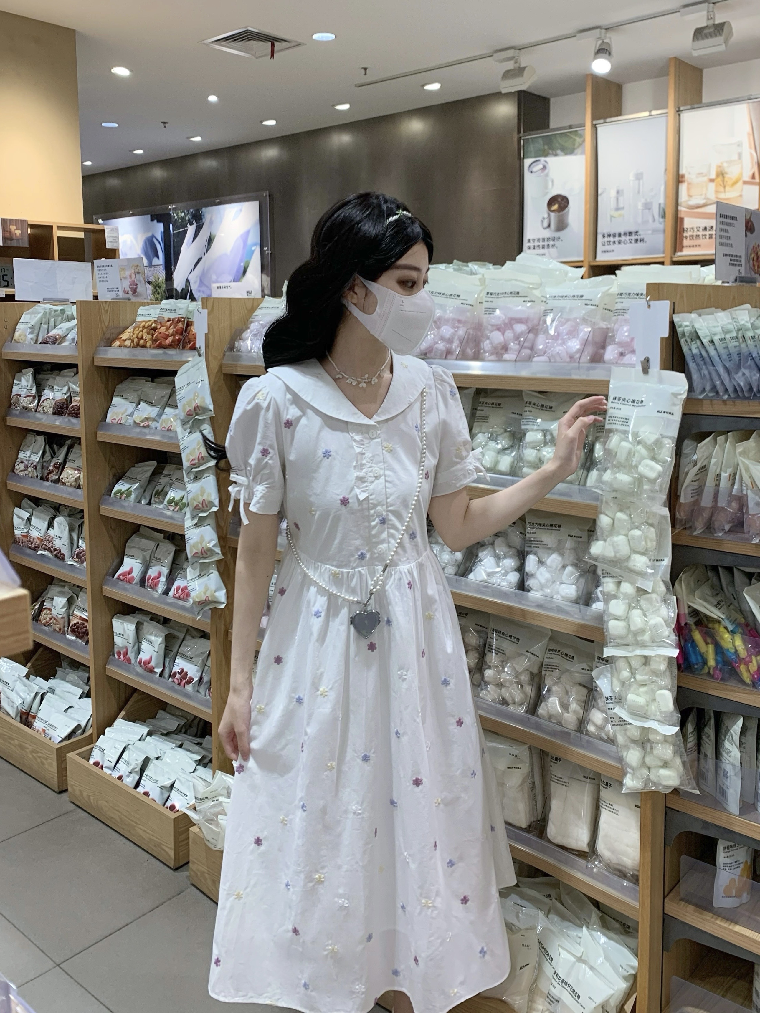 실사 새로운 학원 스타일 꽃 자수 달콤함 거품 소매 베이비 칼라 반팔 롱 스커트