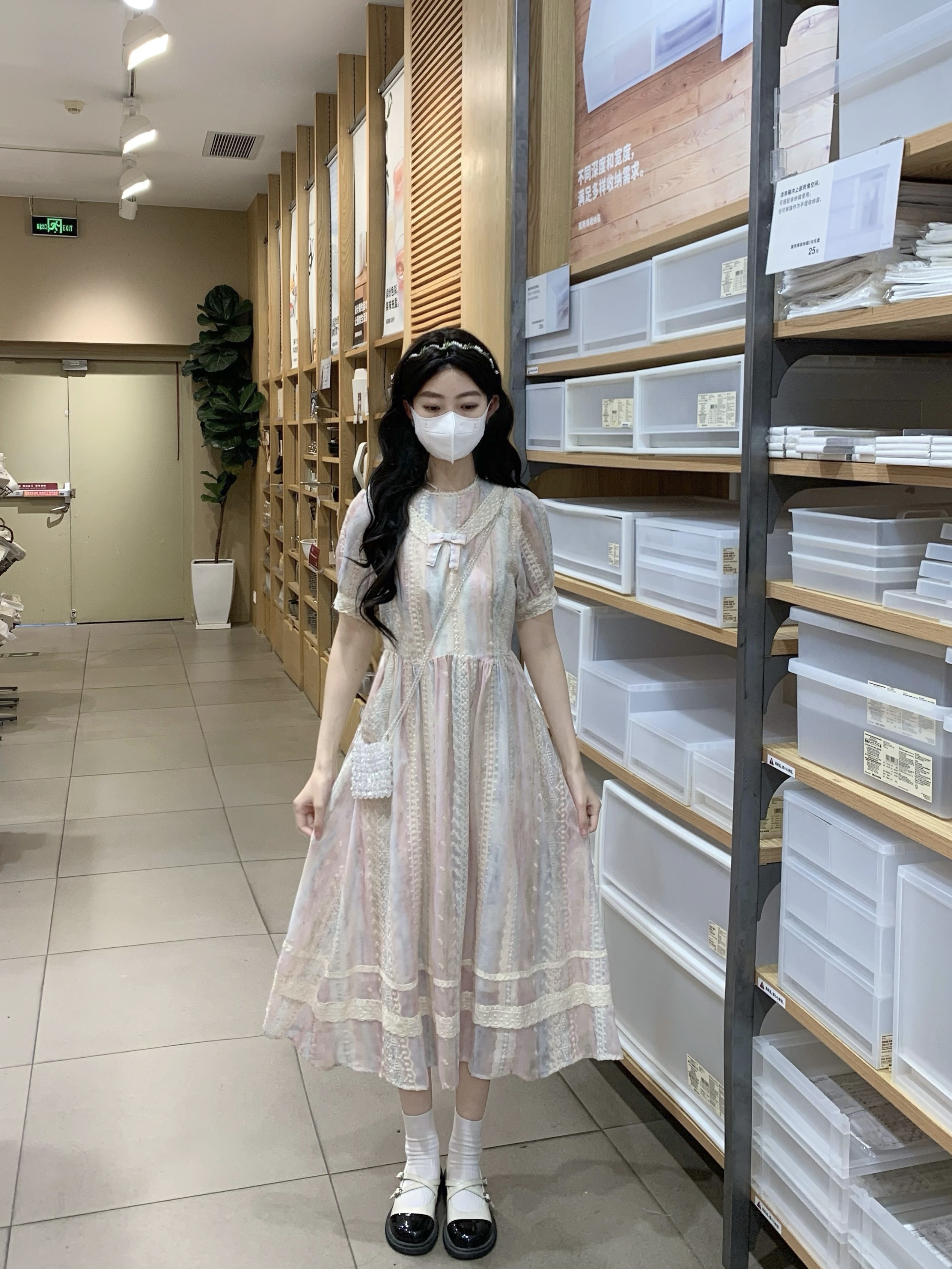 실사 새로운 학원 스타일 파우더 블루 자수 레이스 여름 나비 매듭 롱 코트 한 마디 드레스