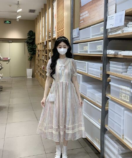 실사 새로운 학원 스타일 파우더 블루 자수 레이스 여름 나비 매듭 롱 코트 한 마디 드레스