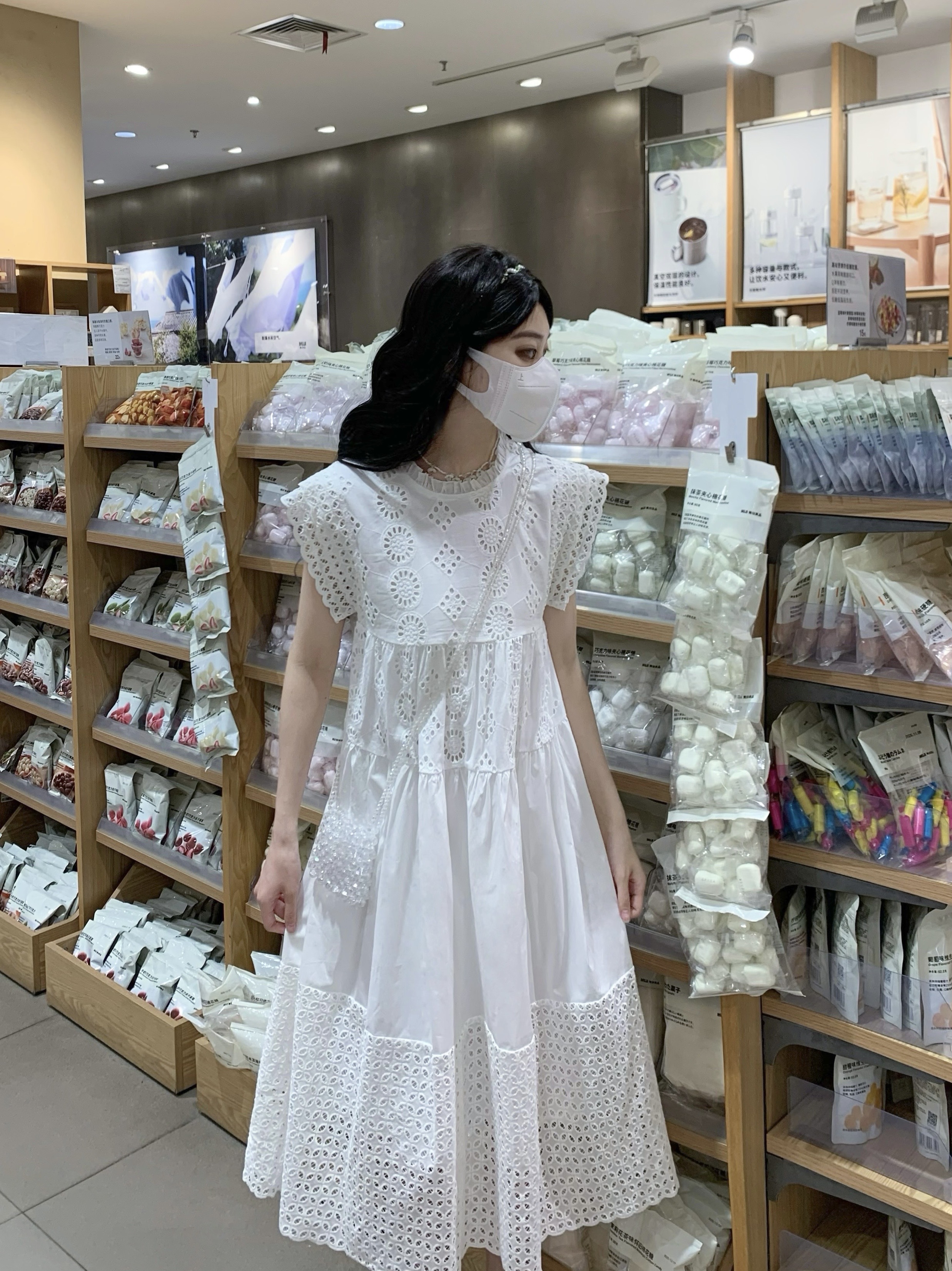 새로운 학원 스타일 달콤함 첫사랑 부서 화이트 작은 날다 소매 공주 무릎 아래 롱 스커트