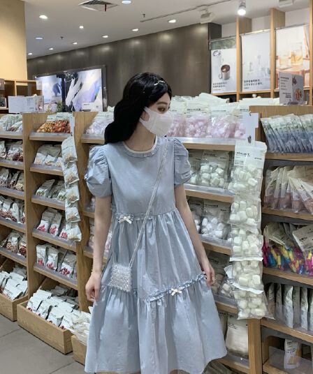 실사 여름 학원 스타일 달콤함 귀여운 레이스 칼라 단색 드레스
