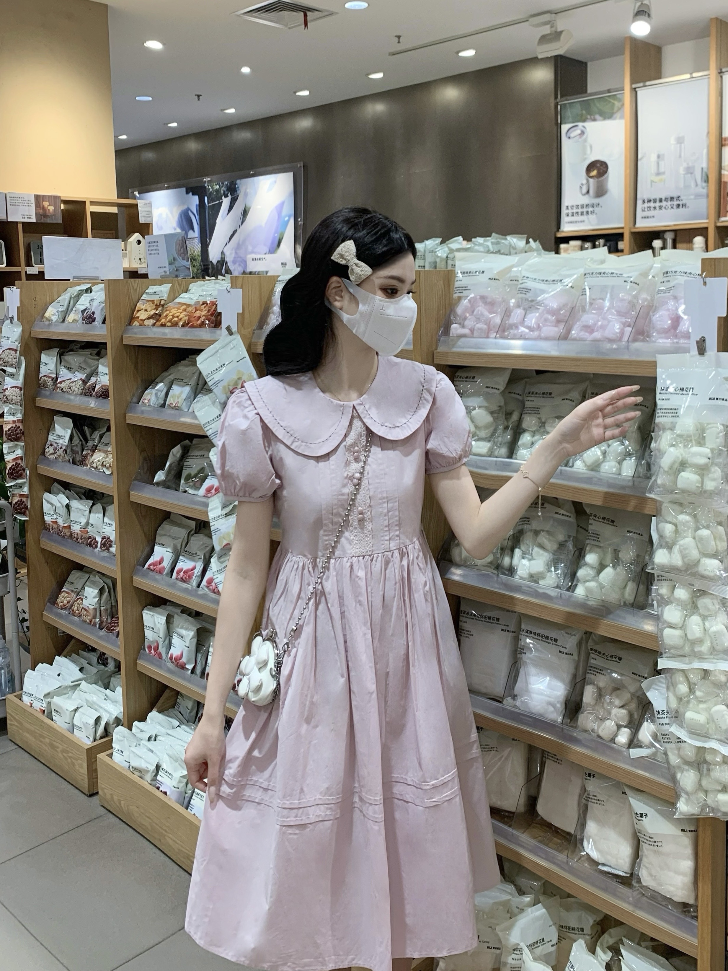 실사 여름 학원 스타일 달콤함 귀여운 레이스 레이스 베이비 칼라 단색 한 마디 드레스