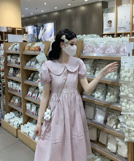 실사 여름 학원 스타일 달콤함 귀여운 레이스 레이스 베이비 칼라 단색 한 마디 드레스