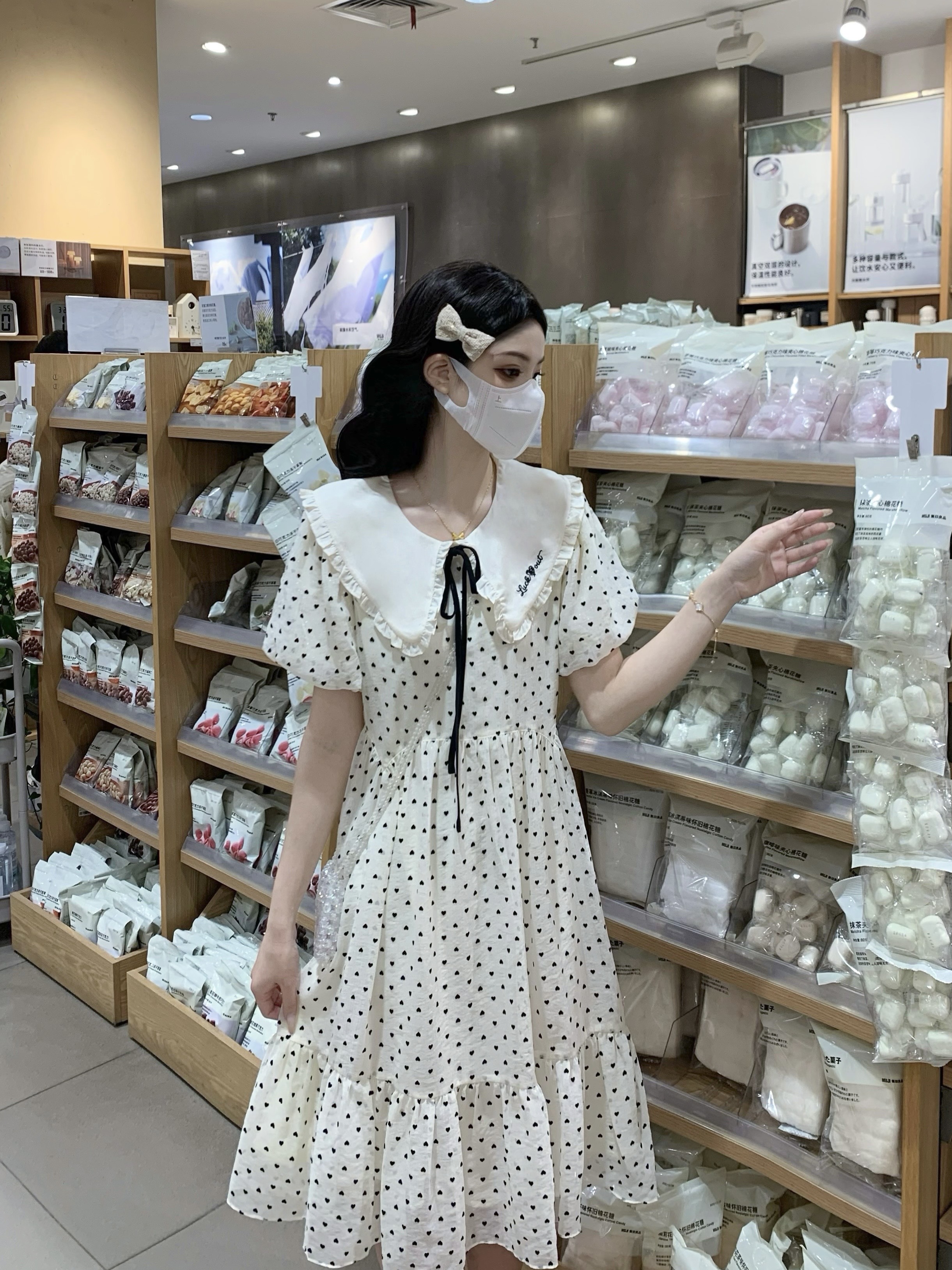 실사 학원 스타일 여름 도트 무늬 프랑스식 공주 첫사랑 베이비 칼라 소녀 드레스