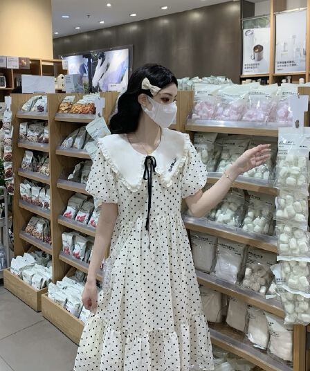 실사 학원 스타일 여름 도트 무늬 프랑스식 공주 첫사랑 베이비 칼라 소녀 드레스